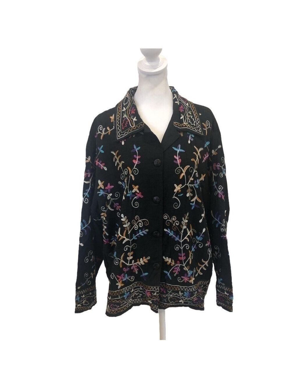 Life Style Size XL silk blend embroidered black lightweight jacket. Colorful